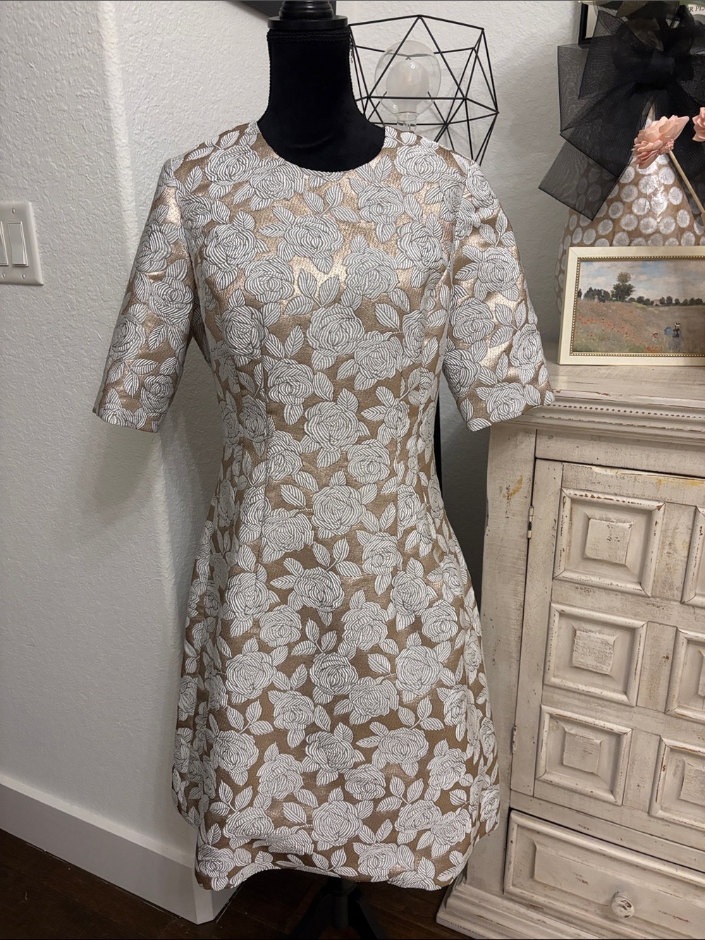 Lela Rose Beige Dress with White Floral Lace Overlay